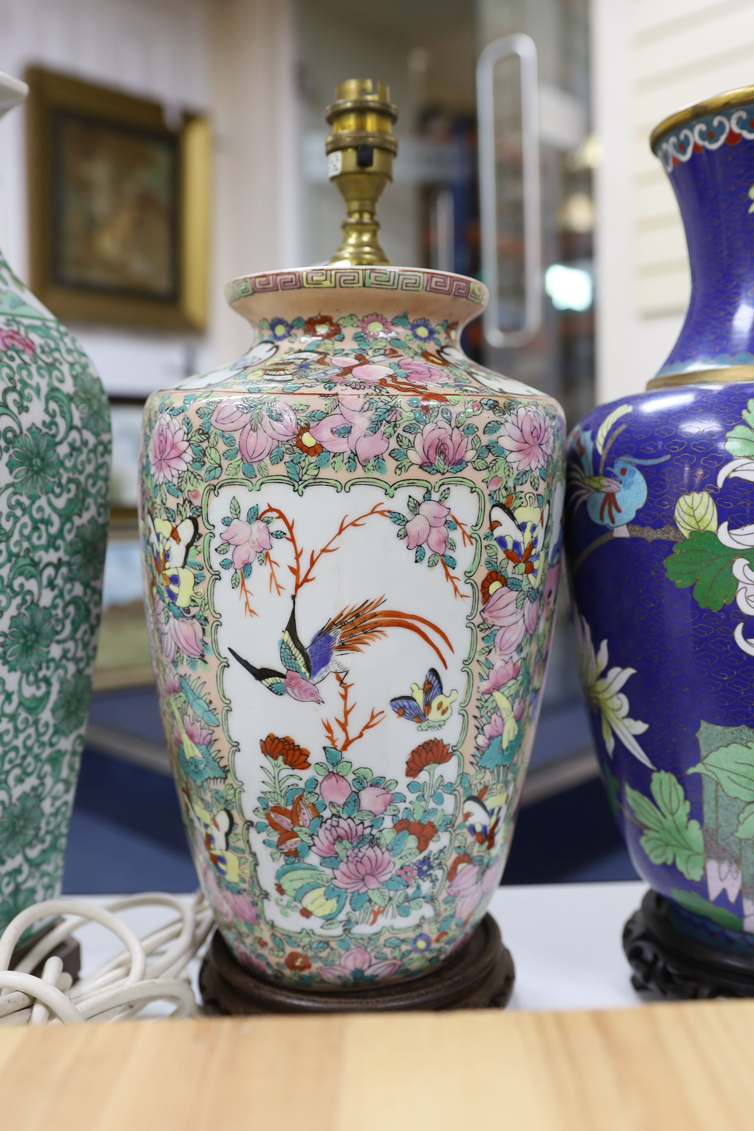 A pair modern Chinese famille rose verte vase lamps, 53cm tall, a famille rose example and Cloisonne vase (4)